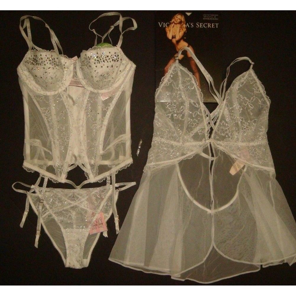 Victoria's Secret 34C garter CORSET+S BABYDOLL white silver ICE ANGEL SWAROVSKI